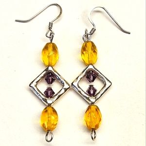 Yellow and Purple Beaded Earrings